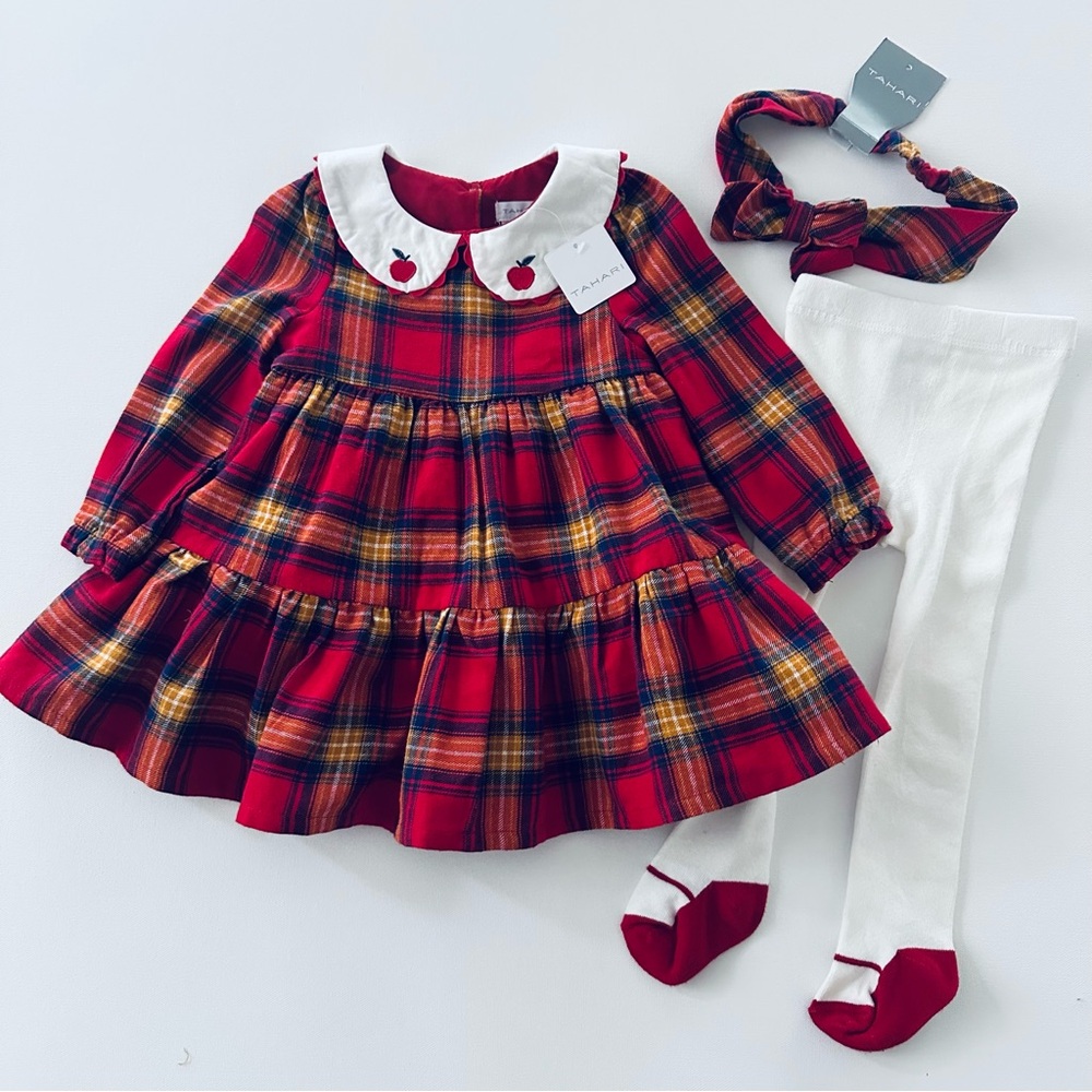 Tahari 12 Months Apple Plaid Red Dress Tights Headband Set NWT Outfit